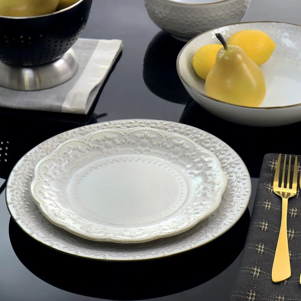 Countess 16-Piece Embossed Double Bowl Stoneware Dinnerware Set in Ivory