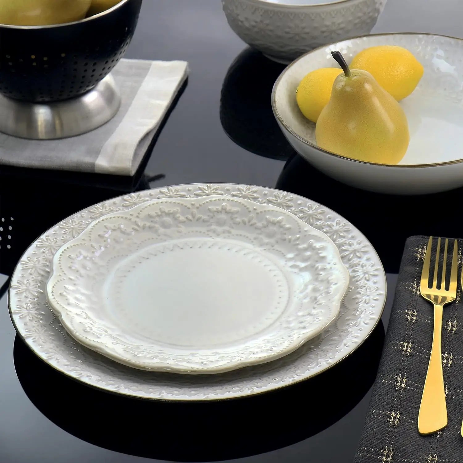 Countess 16-Piece Embossed Double Bowl Stoneware Dinnerware Set in Ivory
