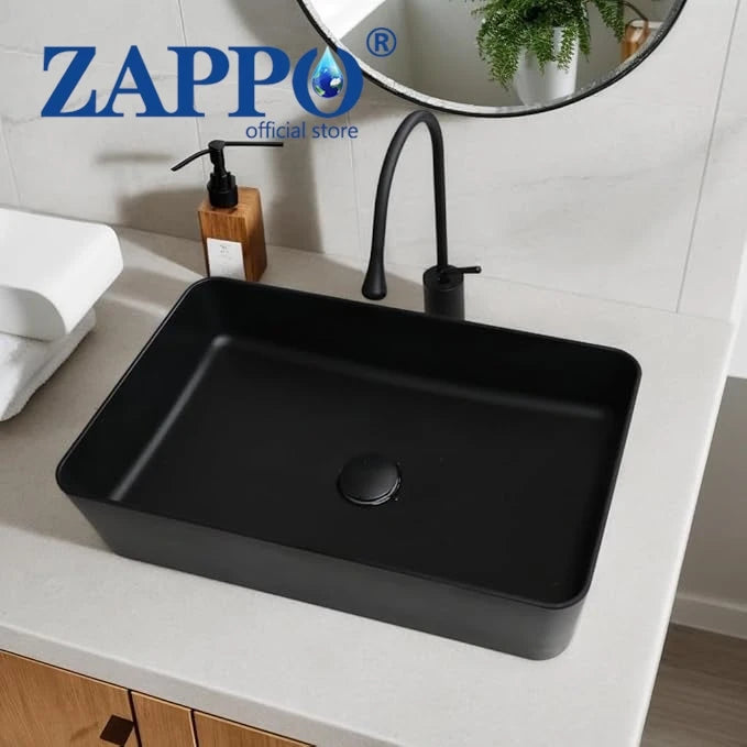 22x14" Black Stone Resin Sink with Faucet and Drain, Rectangle, Above Counter