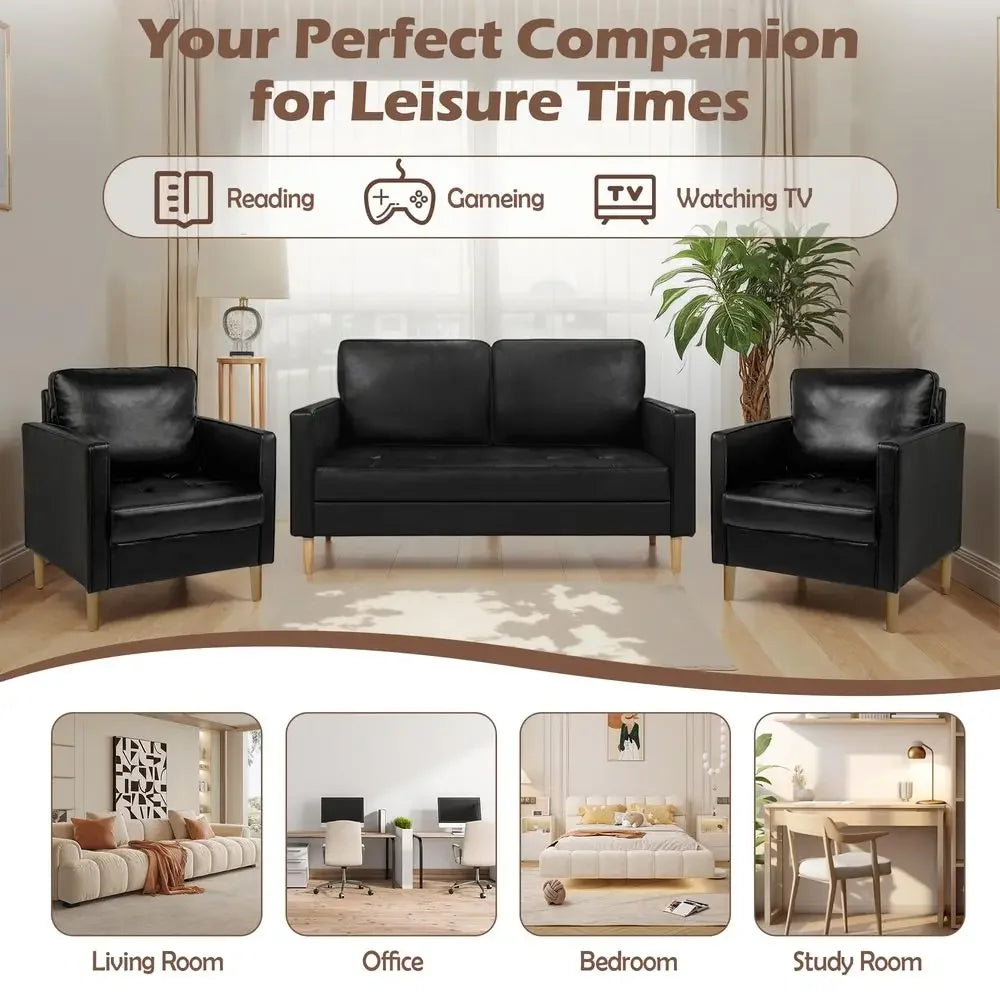 Mid-Century Modern 3-Piece Faux Leather Sectional Sofa Set
