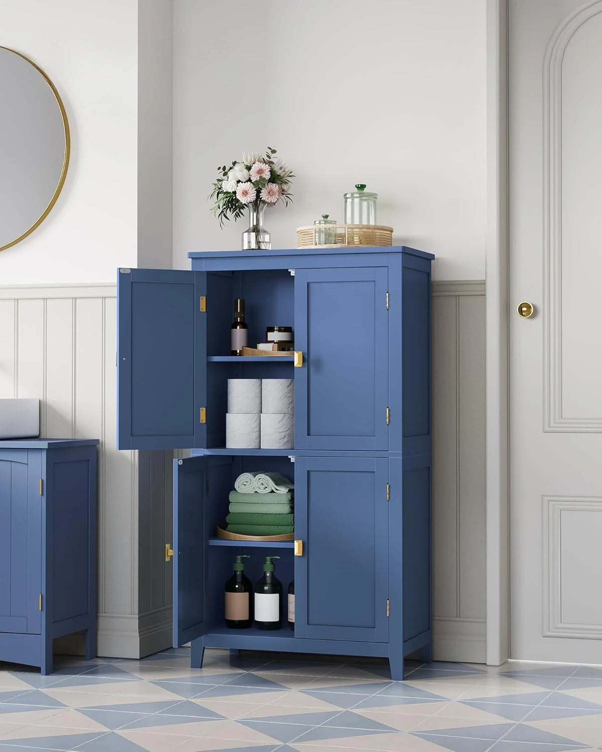 Bathroom Storage Cabinet with 4 Doors, Adjustable Shelves, 11.8 x 23.6 x 43.3