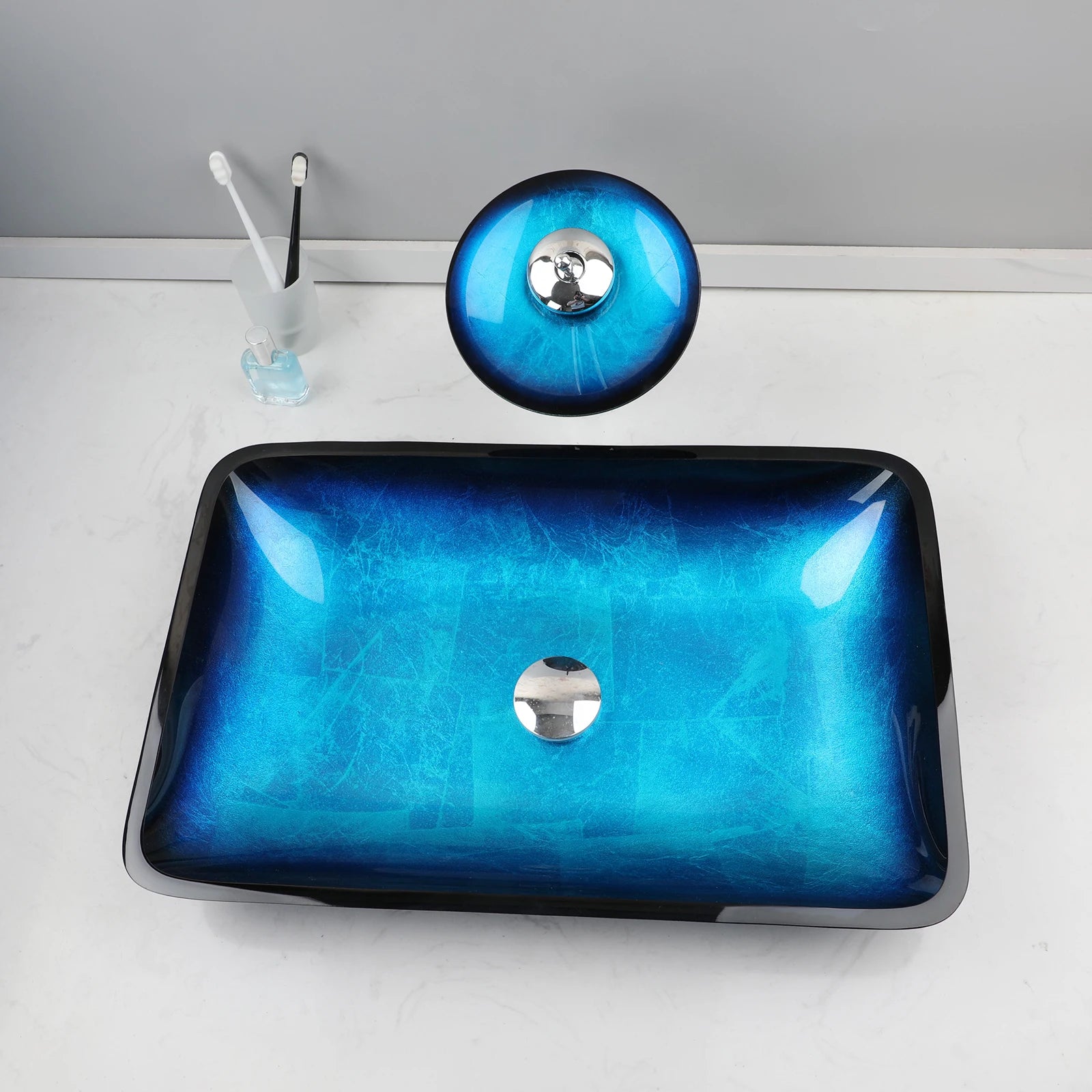 Big Countertop Tempered Glass Sink Faucet Set