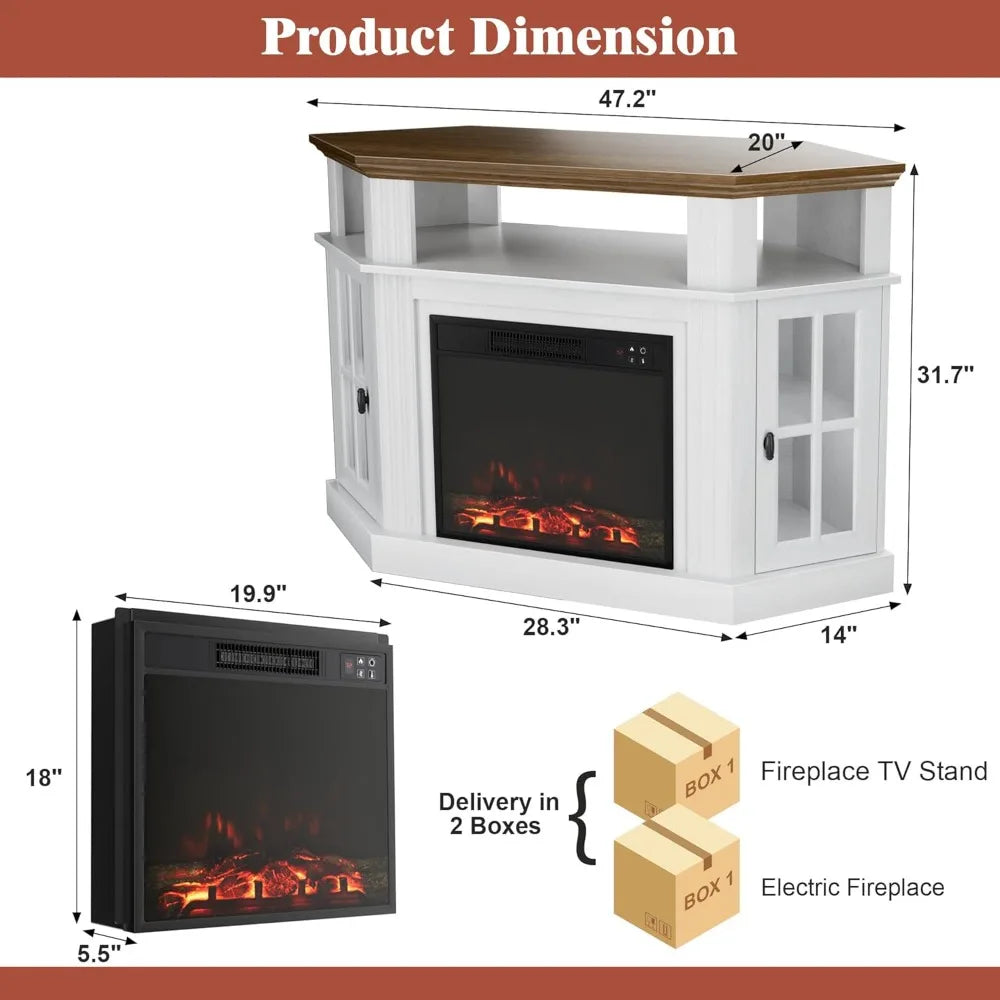 Corner TV Stand for TV Up to 55" with 18" Electric Fireplace, Entertainment Center