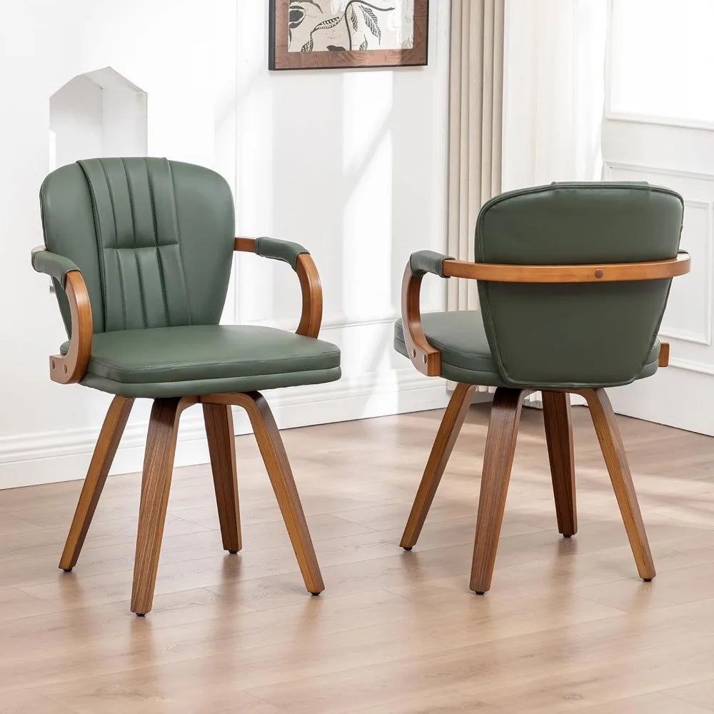 Swivel Dining Chairs Set of 2 – Mid-Century Modern Green Leather Upholstered