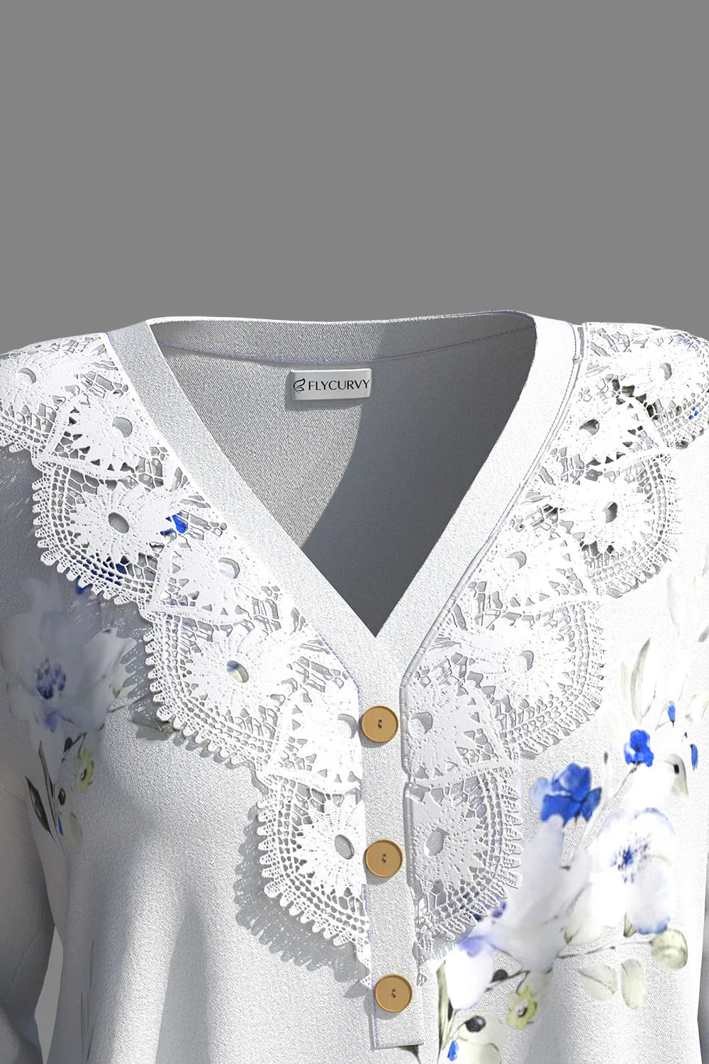 Plus Size Lace Patchwork V-Neck Floral Print Blouse