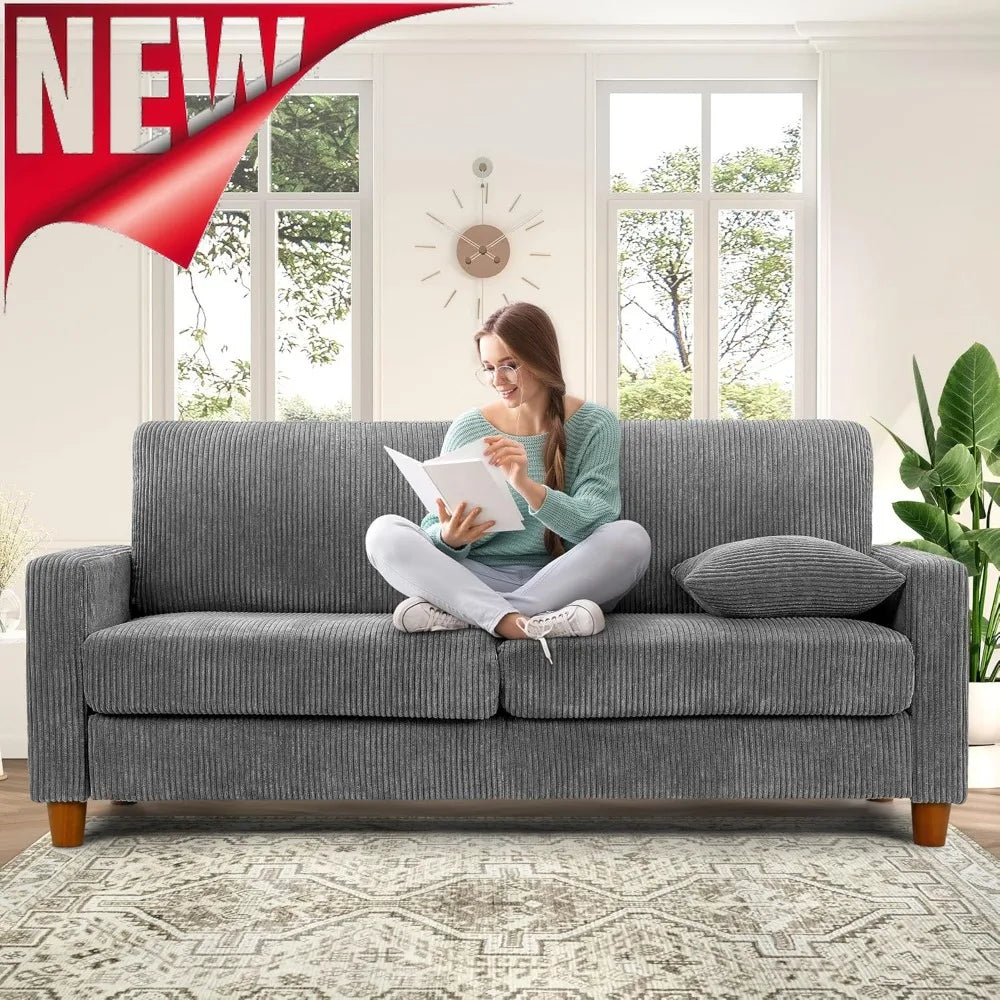 Grey Sofa, Extra Deep Corduroy Couch – 21” Seat Depth, Tool-Free Assembly