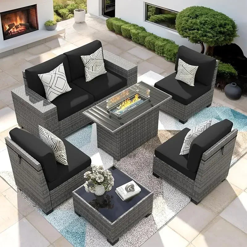 RPD4-7 Piece Patio Furniture Set with Fire Pit Table