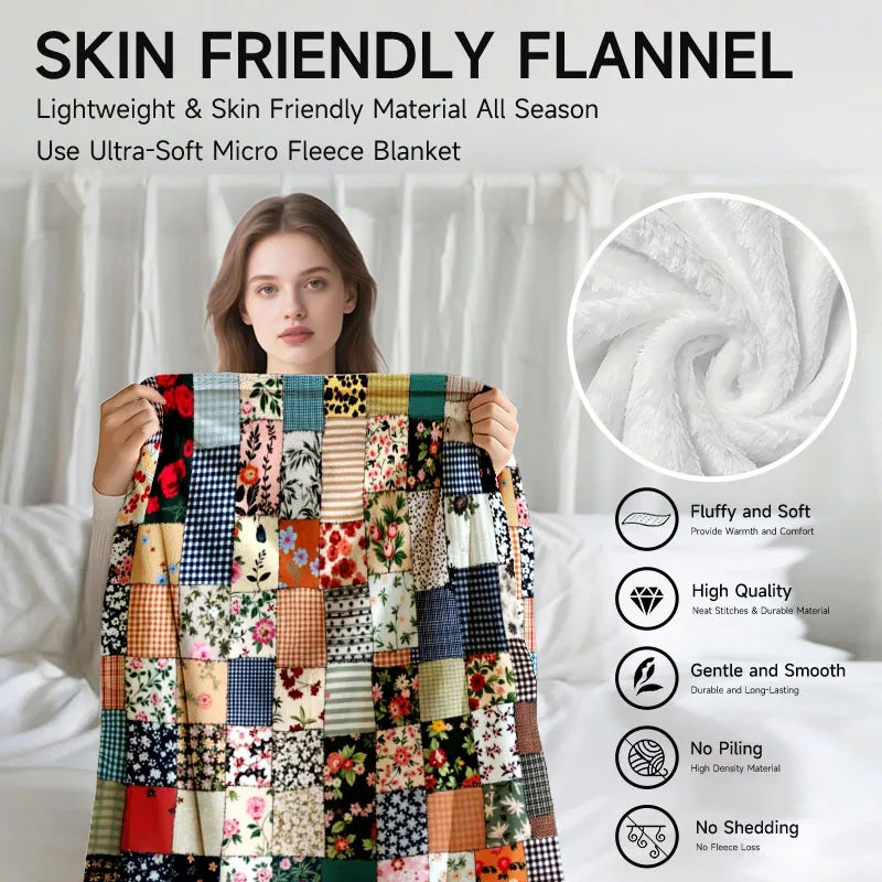 Cozy Floral Patchwork Flannel Blanket – Soft, Stylish, and All-Season Comfort