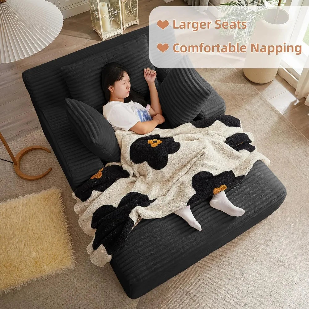 Oversized Corduroy Chaise Lounge Chair with Sofa Bed & Throw Pillows