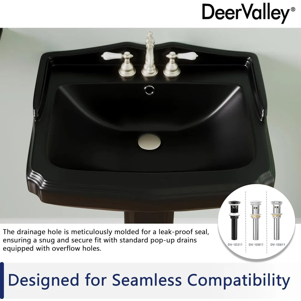 23" x 19" Black Ceramic Pedestal Sink Combo with Overflow Hole & 3 Faucet Holes