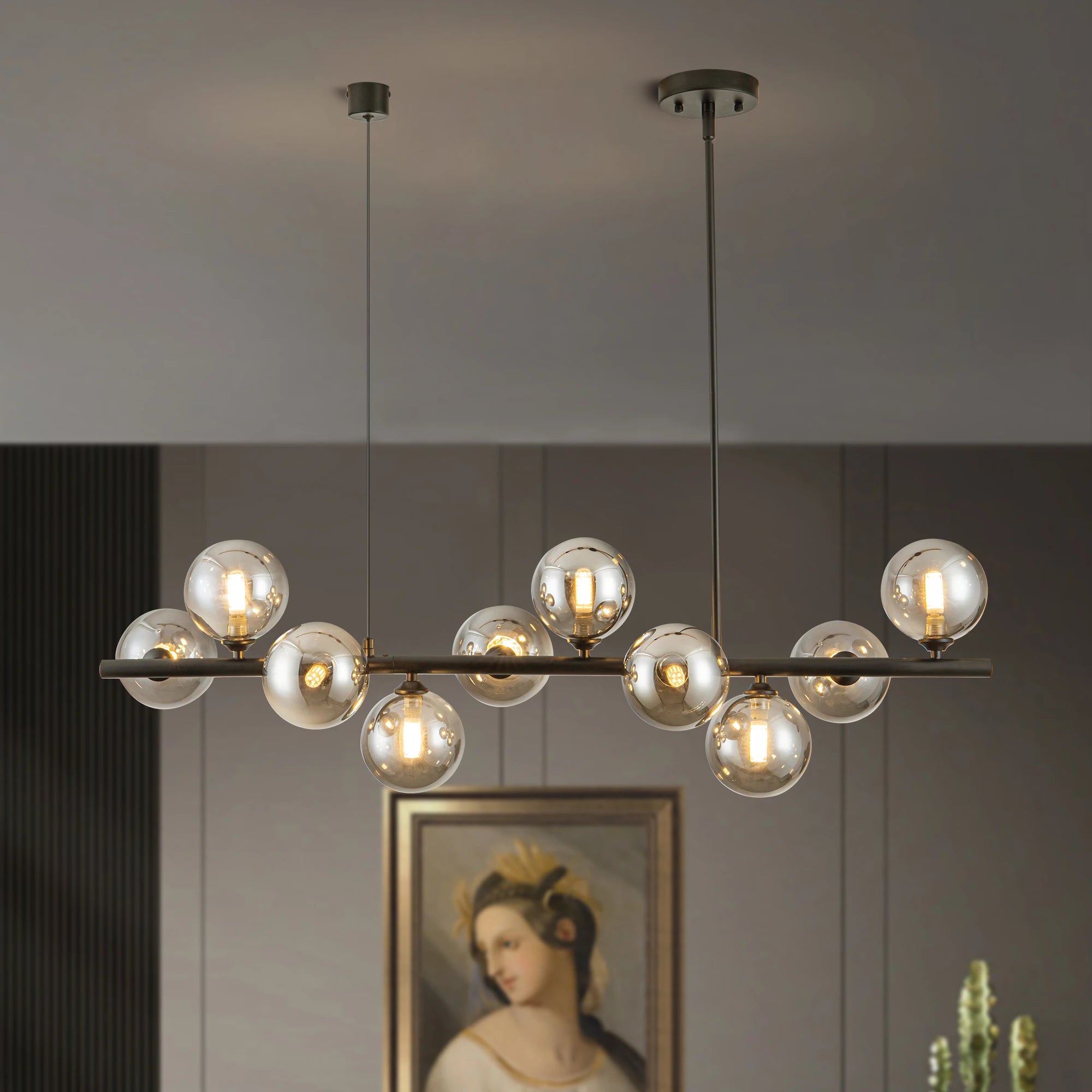 10-Light Matte Black Adjustable Chandelier with Smoked Glass Globe Shades