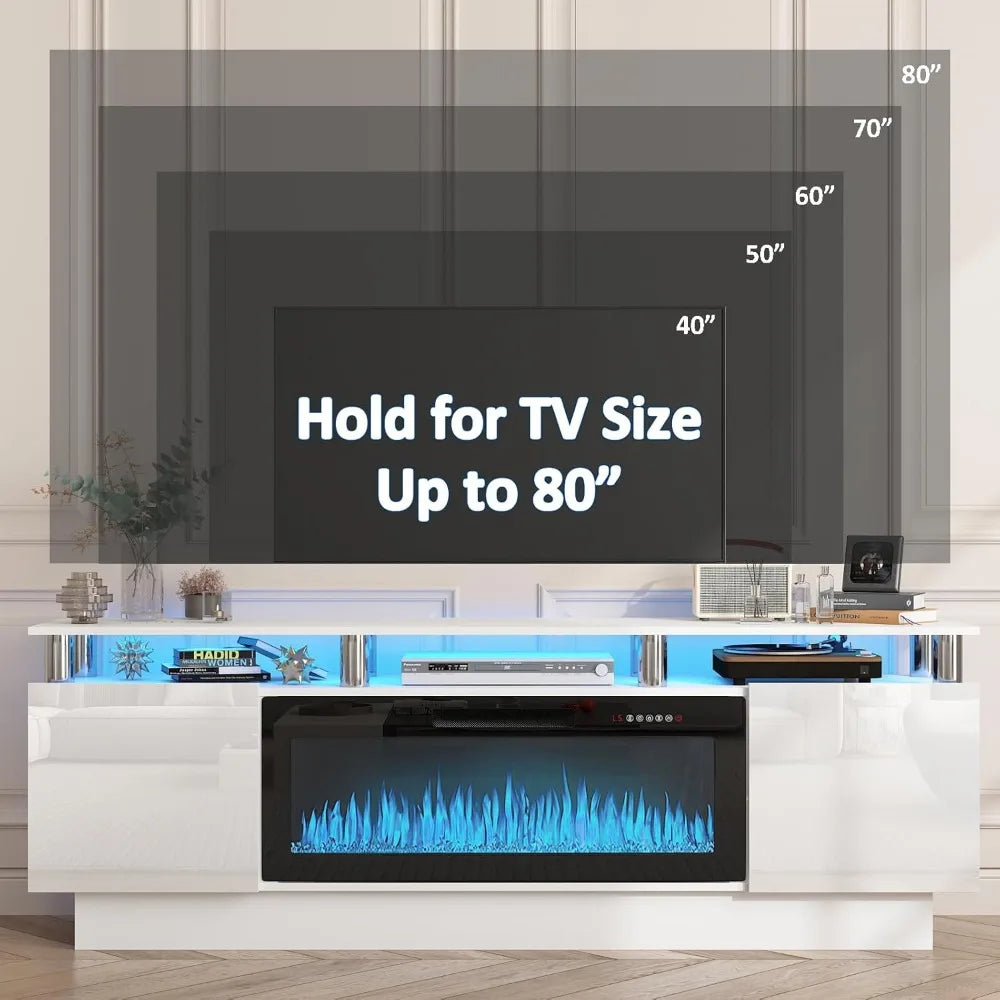 TV Stand with 36" Electric Fireplace, 70" LED Light Entertainment Center, Storage