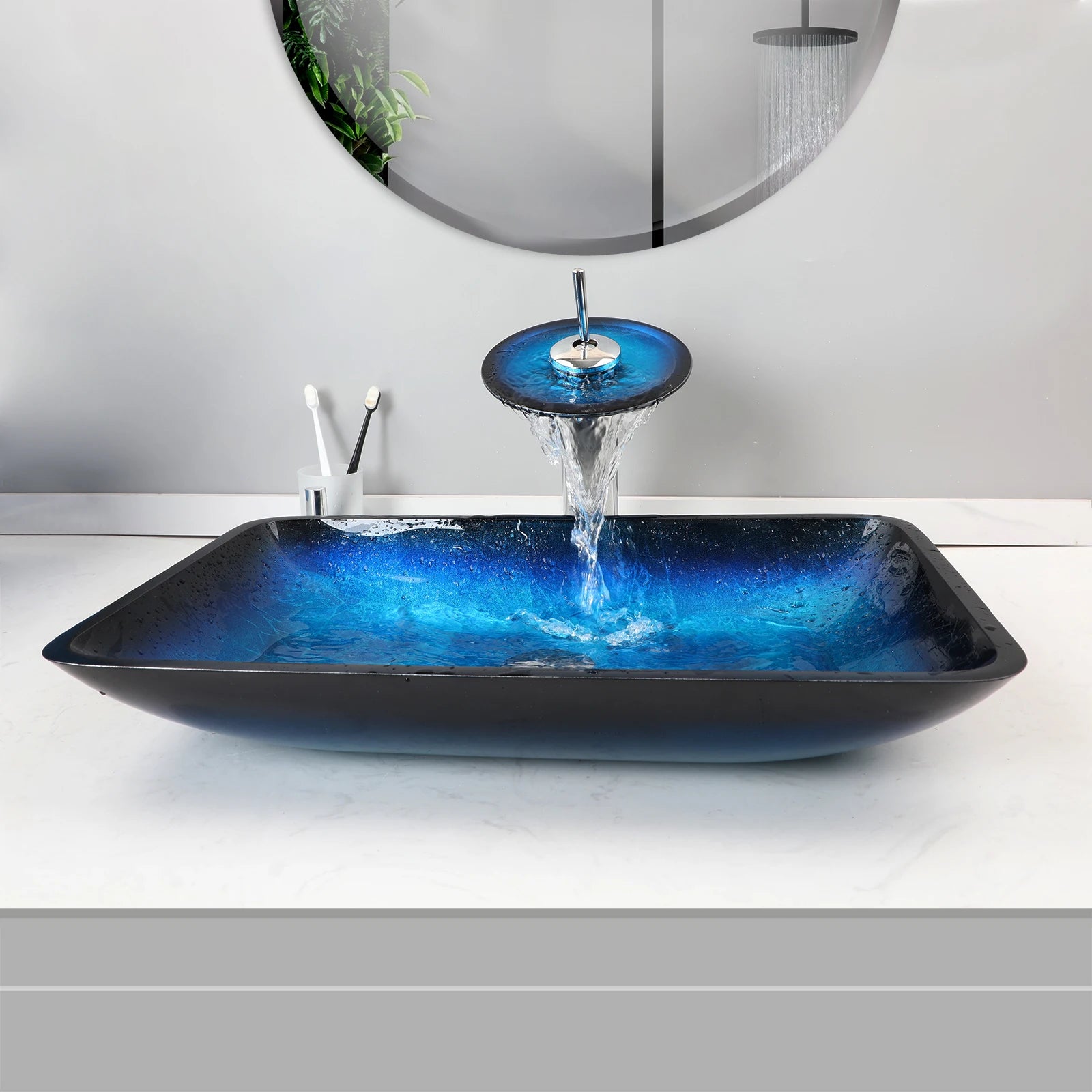 Big Countertop Tempered Glass Sink Faucet Set