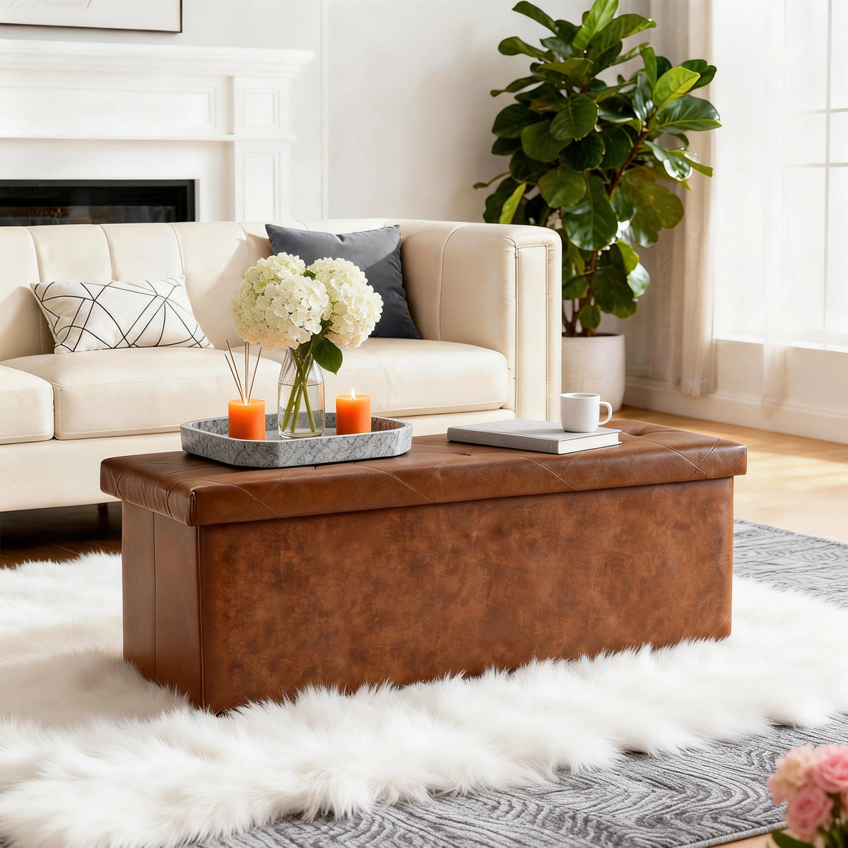Tufted Faux Leather Storage Bench & Folding Ottoman