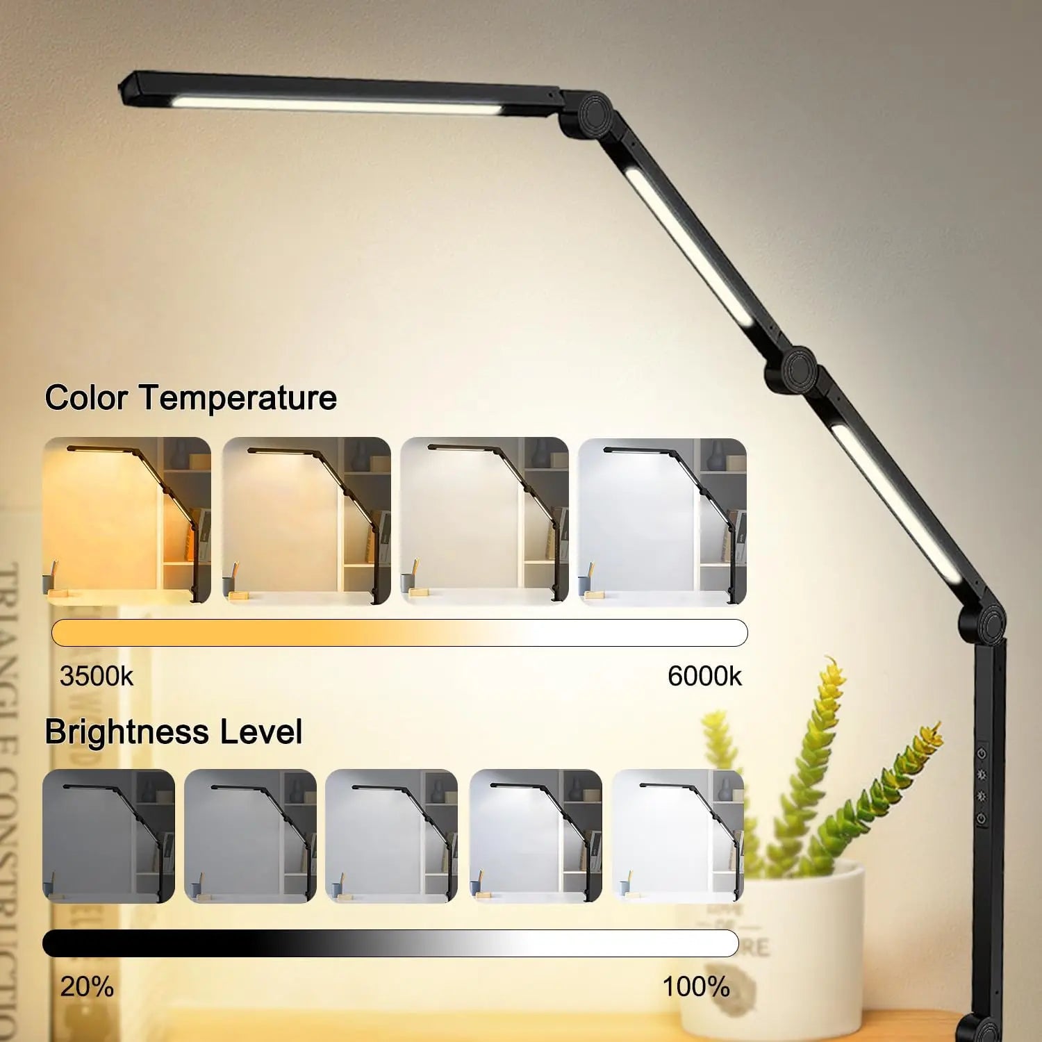 LED Flexible Desk Lamp with Swing Arm – 4 Sections, 3 Light Sources, 4 Color Modes & 5 Brightness Levels