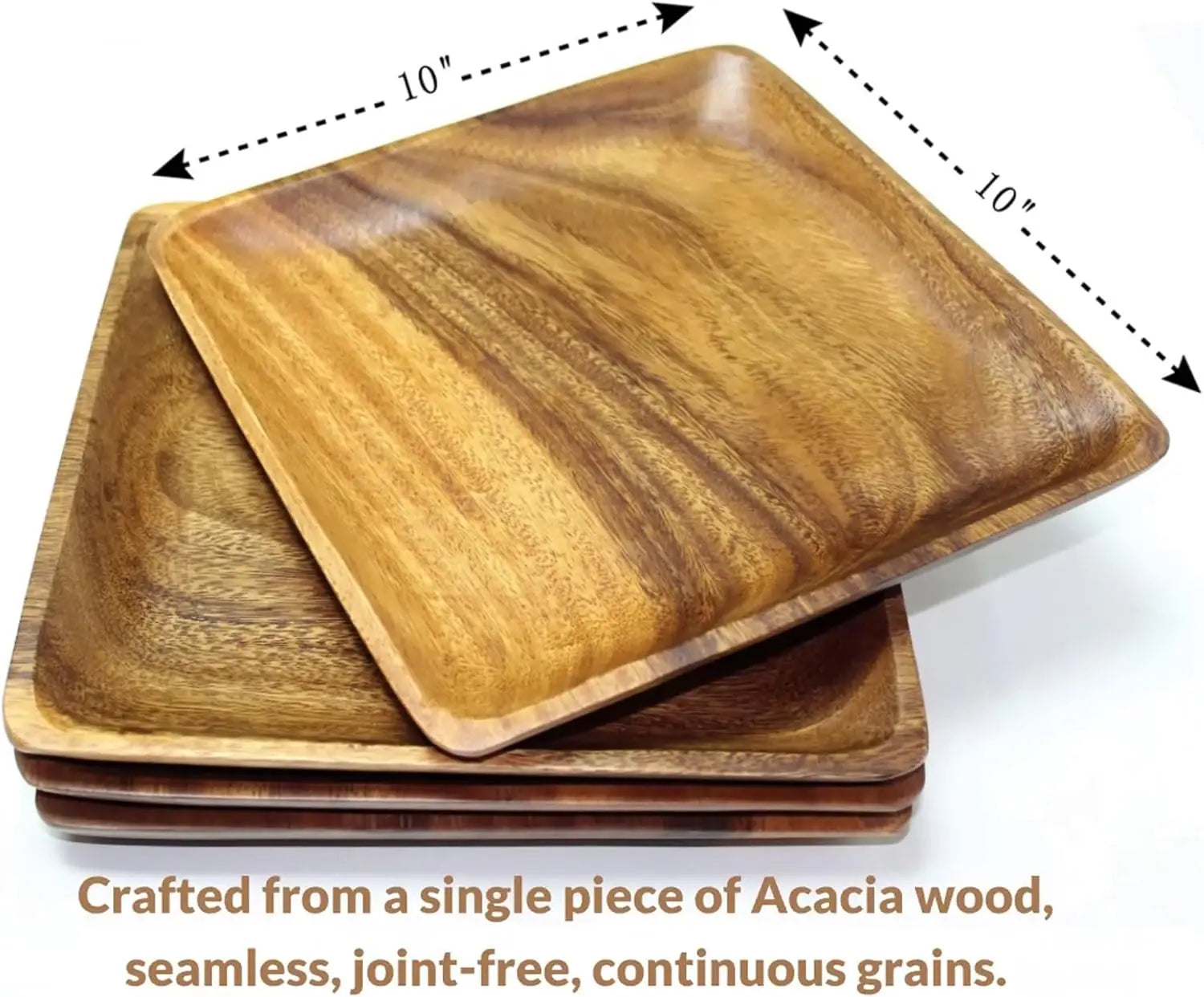 Acacia Wooden Plates – Set of 4, 10-Inch Square Rustic Platters