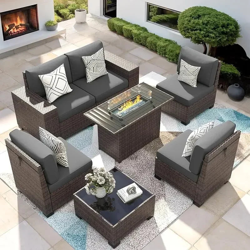 RPD4-7 Piece Patio Furniture Set with Fire Pit Table