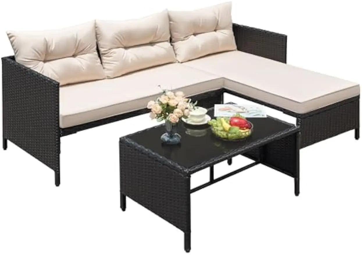 3-Piece Patio Furniture Set – Wicker Rattan Sectional Sofa with Cushions & Coffee Table, Light Beige