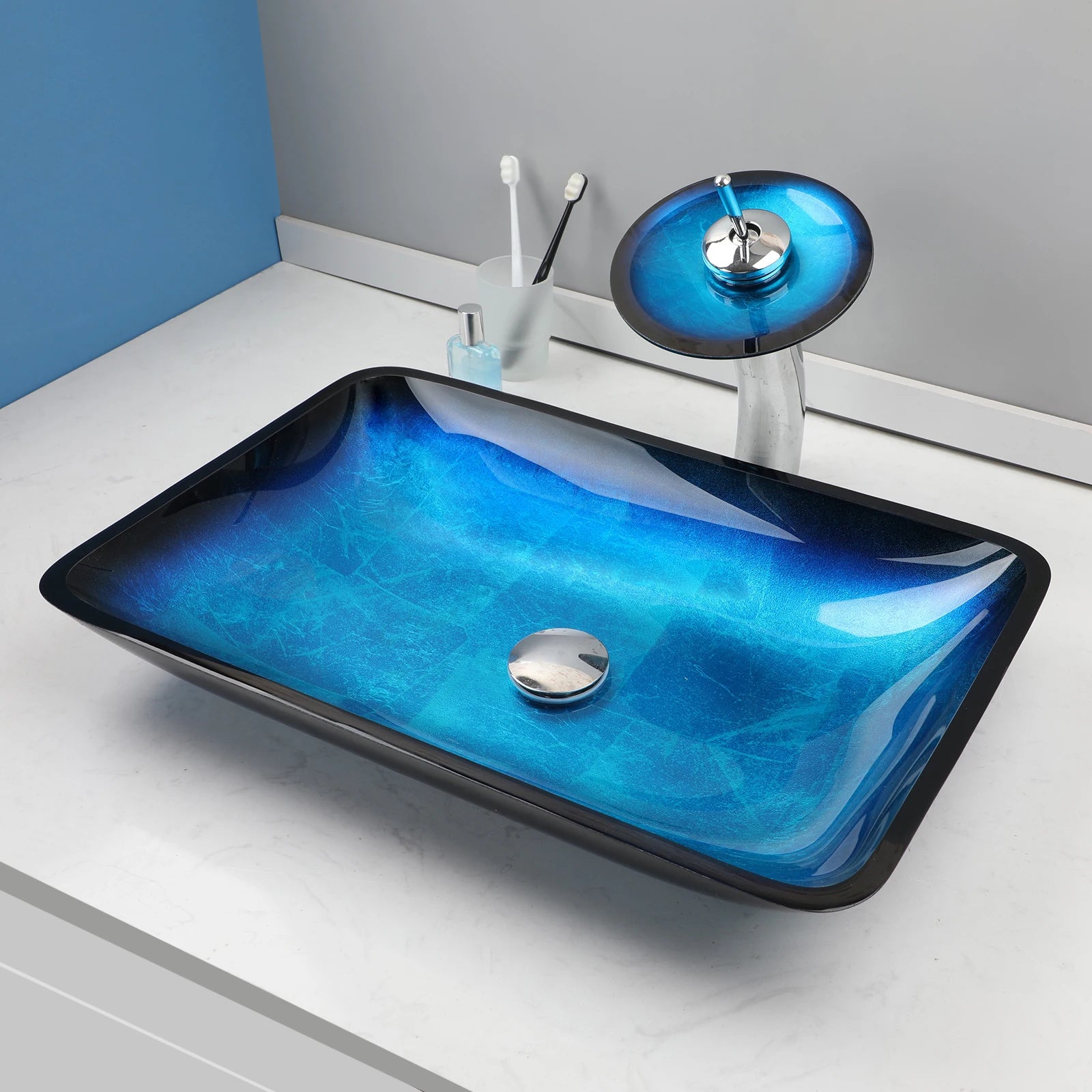 Big Countertop Tempered Glass Sink Faucet Set