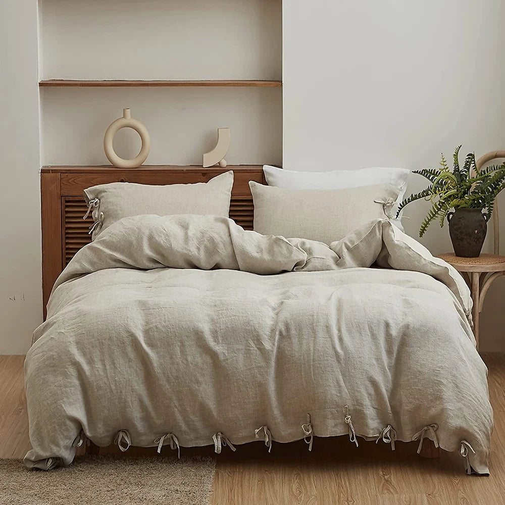 3 Pcs Bedding Set, 100% Linen with Bowknot Ties – French Queen/King