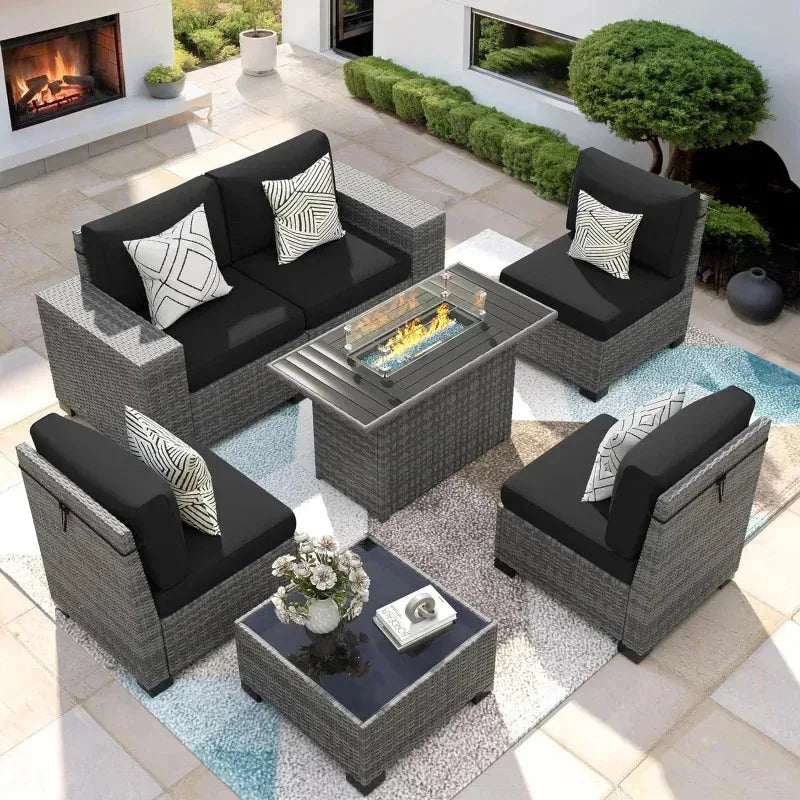 RPD4-7 Piece Patio Furniture Set with Fire Pit Table
