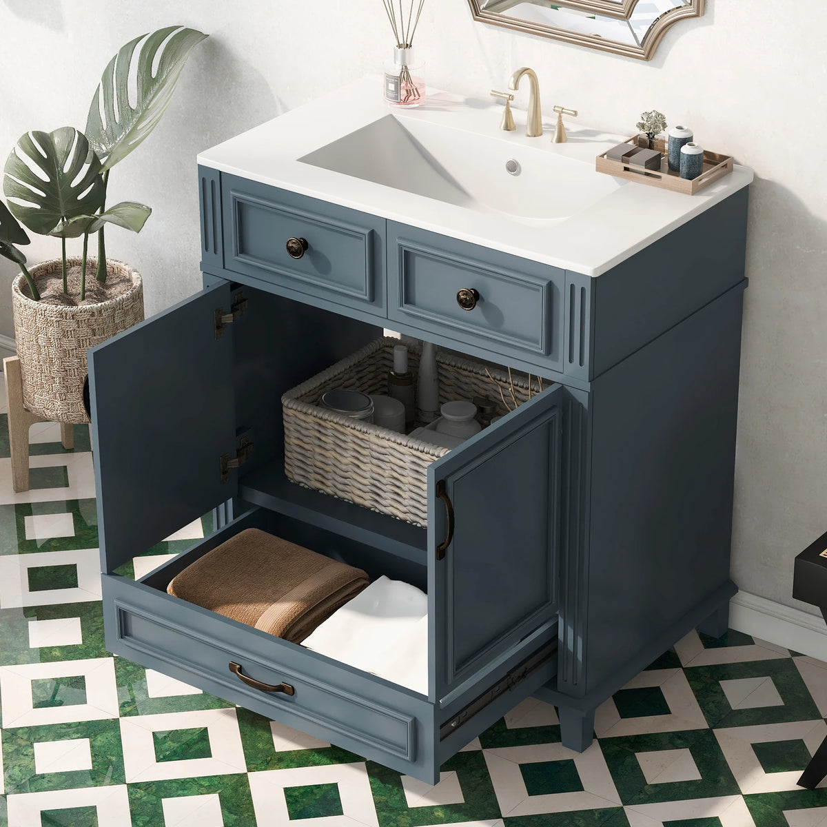 30" Solid Wood Bathroom Vanity with Ceramic Sink