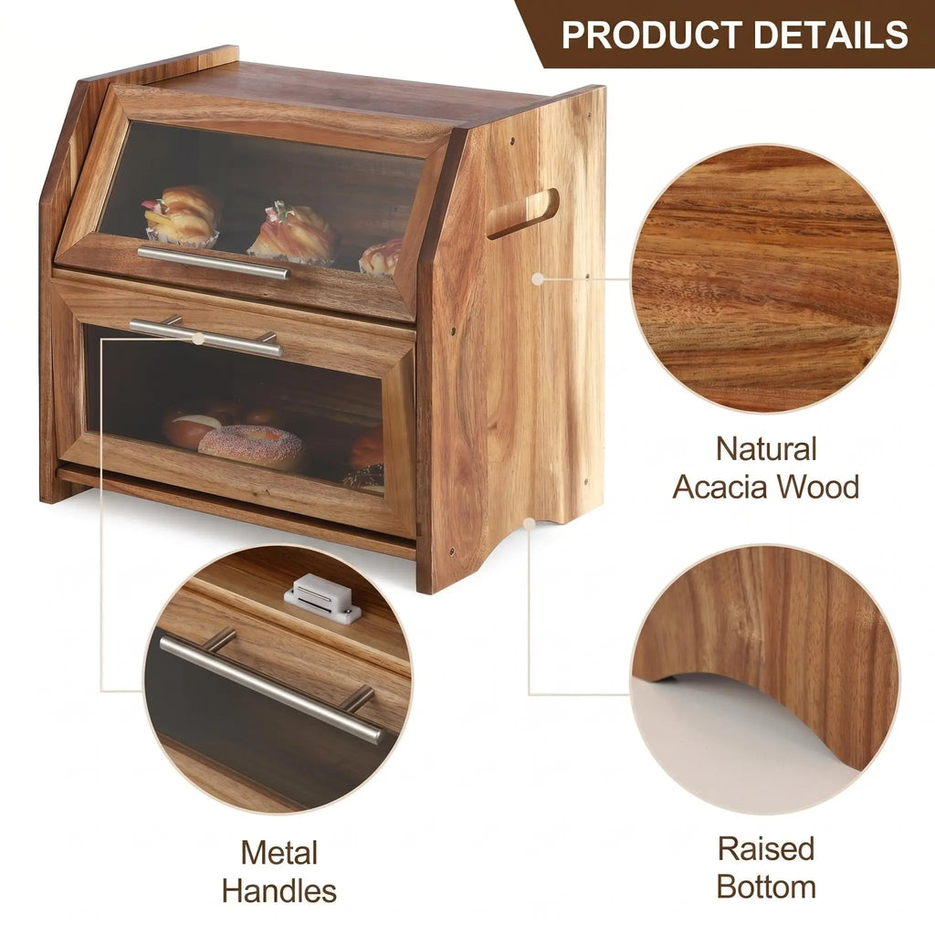 Acacia Wood Double-Layer Bread Box with Clear Acrylic Doors