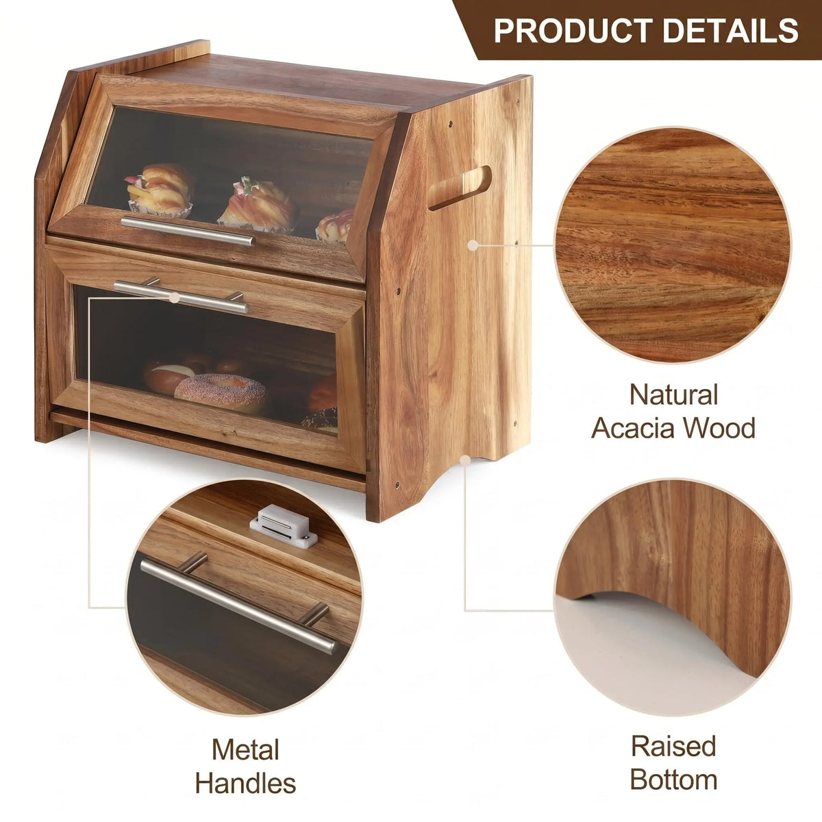 Acacia Wood Double-Layer Bread Box with Clear Acrylic Doors