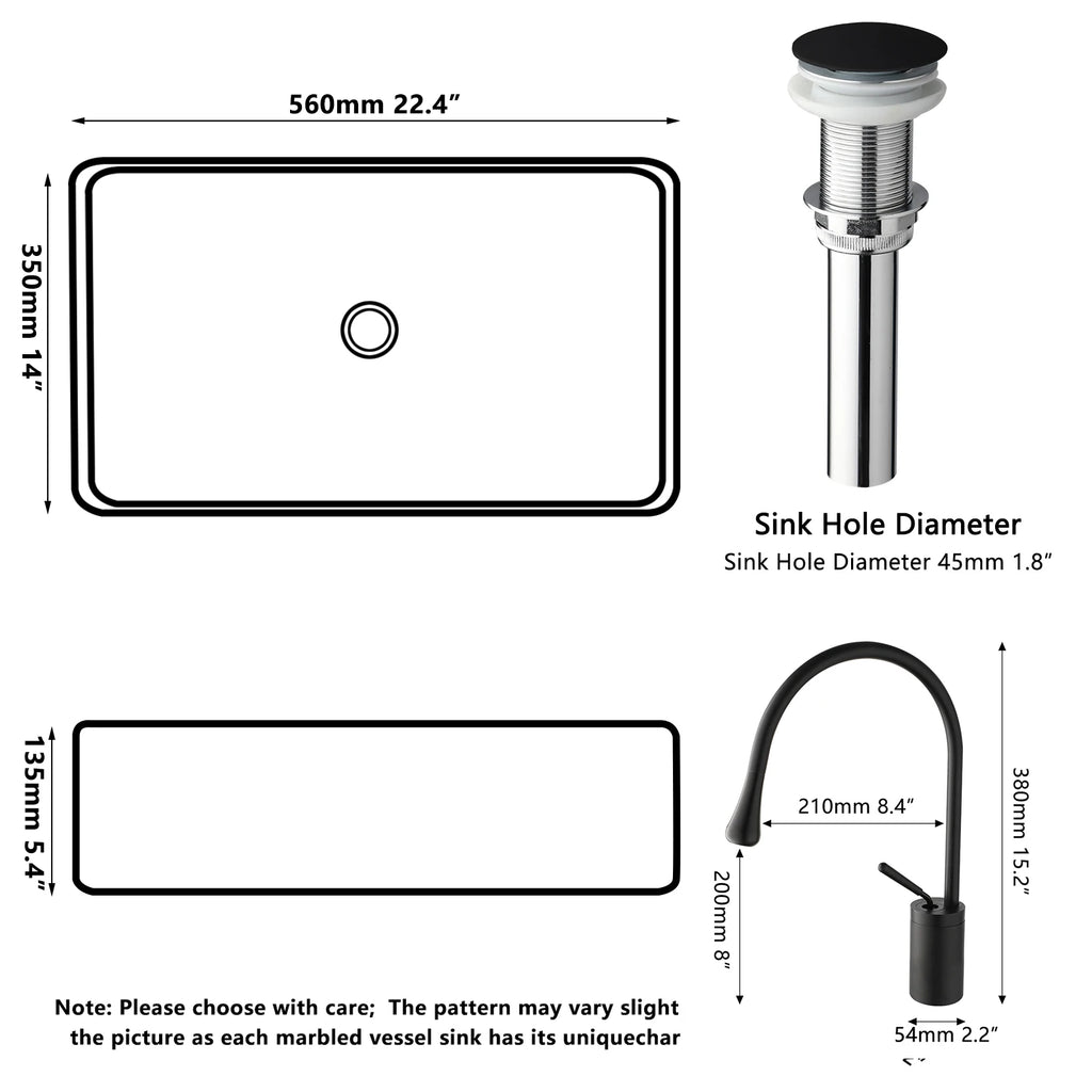 22x14" Black Stone Resin Sink with Faucet and Drain, Rectangle, Above Counter
