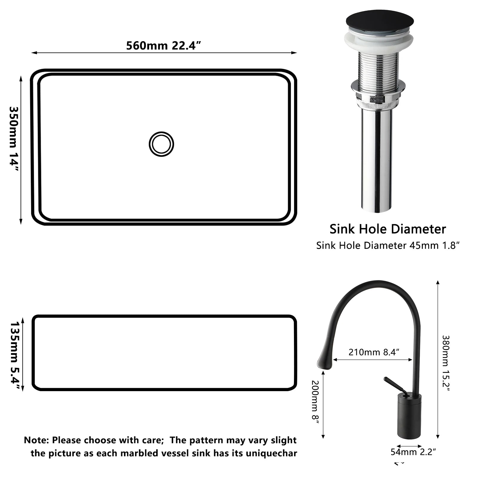 22x14" Black Stone Resin Sink with Faucet and Drain, Rectangle, Above Counter