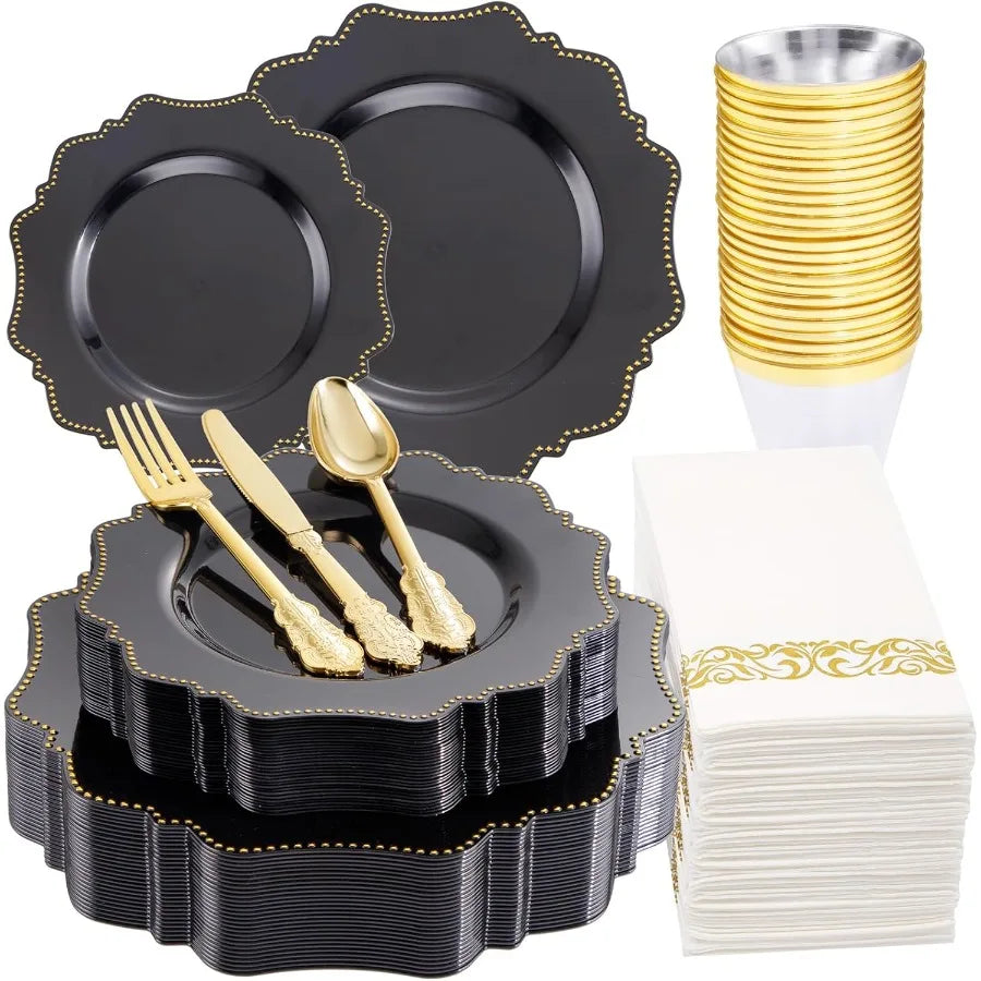 175-Piece Black Dinnerware Set with Disposable Silverware for 25 Guests