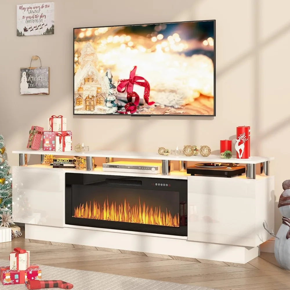 TV Stand with 36" Electric Fireplace, 70" LED Light Entertainment Center, Storage