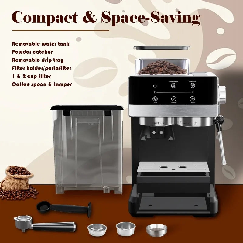 Espresso Machine with Grinder, 20-Bar Semi-Automatic Coffee Maker