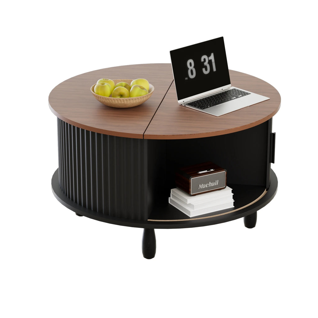 Round Wooden Coffee Table with 360° Curved Sliding Door