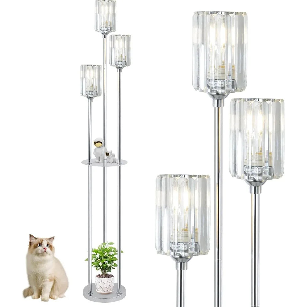 Modern Floor Lamp with Shelves – 3-Light Crystal Shade Standing Lamp, Silver