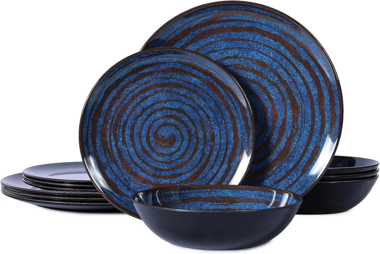 Melamine Dinnerware Set – 12-Piece Service for 4, Blue Threaded Design