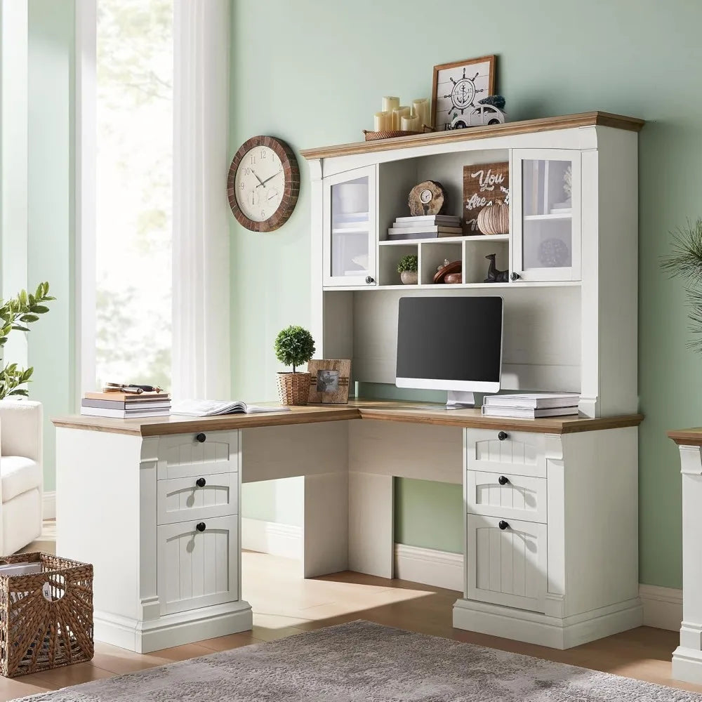 60" L Shaped Executive Desk with Hutch, Drawers & Charging Station