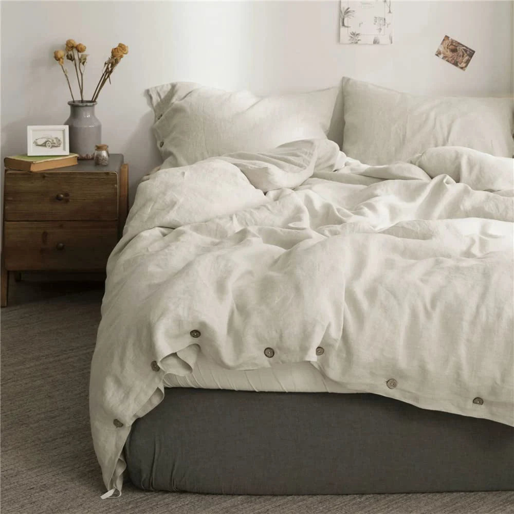 3 Pcs Bedding Set, 100% Linen with Bowknot Ties – French Queen/King