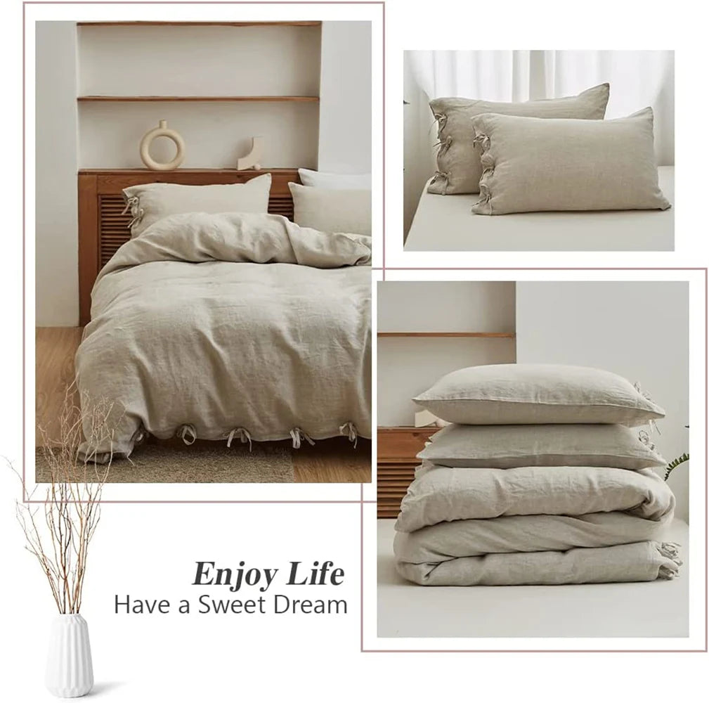 3 Pcs Bedding Set, 100% Linen with Bowknot Ties – French Queen/King
