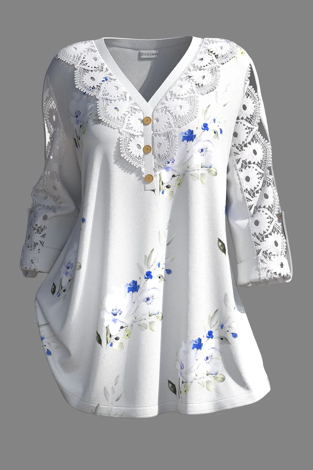 Plus Size Lace Patchwork V-Neck Floral Print Blouse