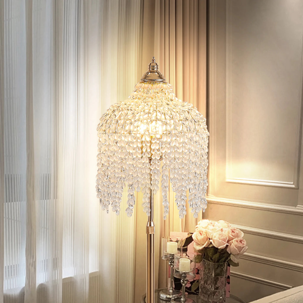 63” 3-Light Gold Crystal Floor Lamp with Grape-Shaped Beads and Marble Base