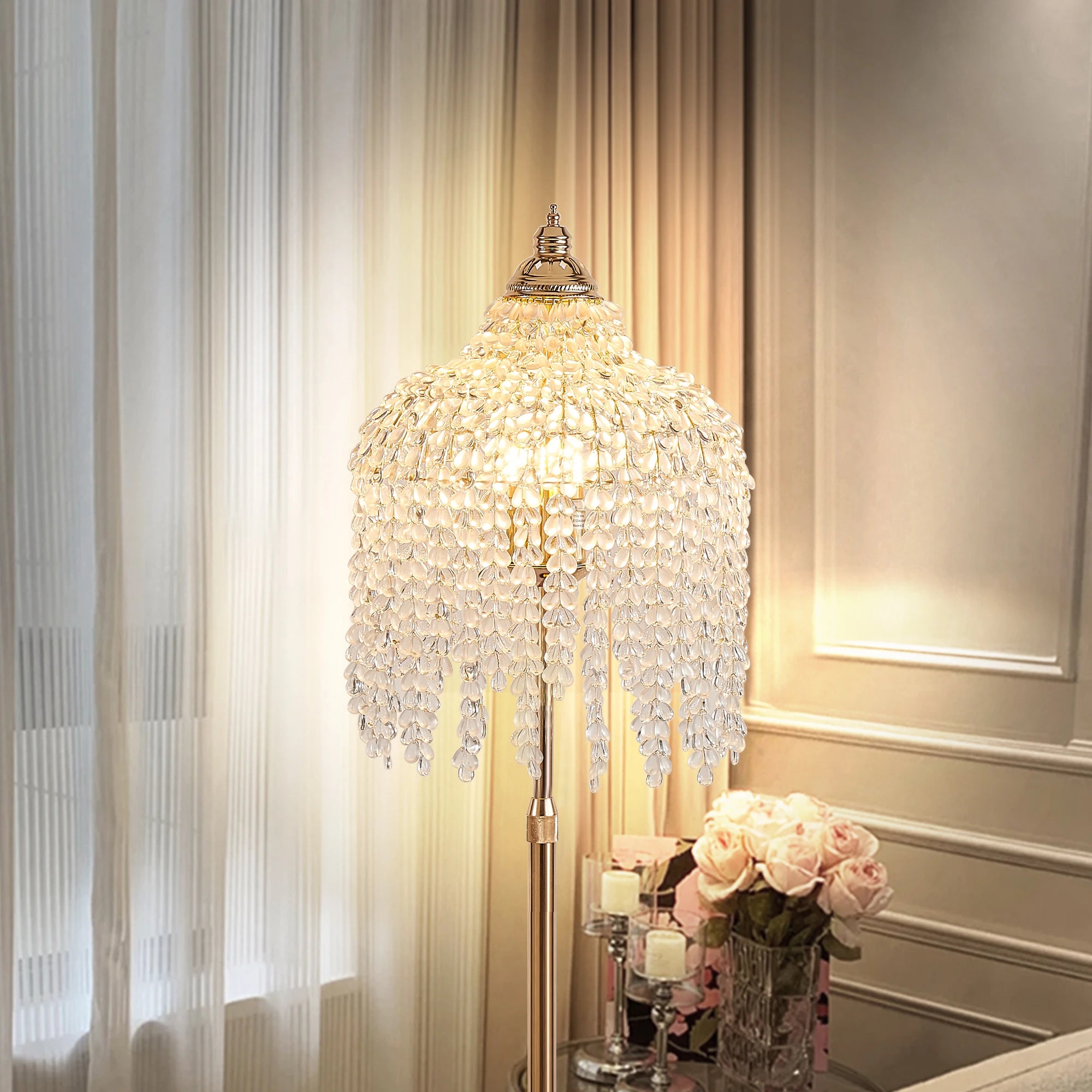 63” 3-Light Gold Crystal Floor Lamp with Grape-Shaped Beads and Marble Base