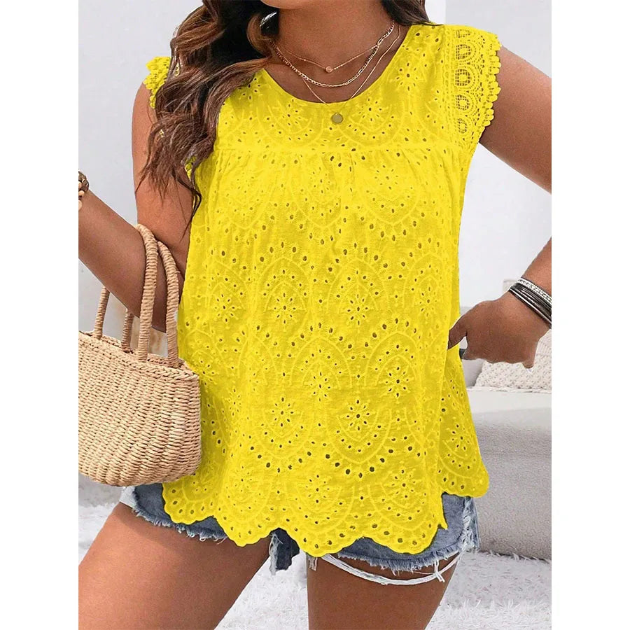 Casual Versatile Plus Size Sleeveless Round Neck Lace Shirt