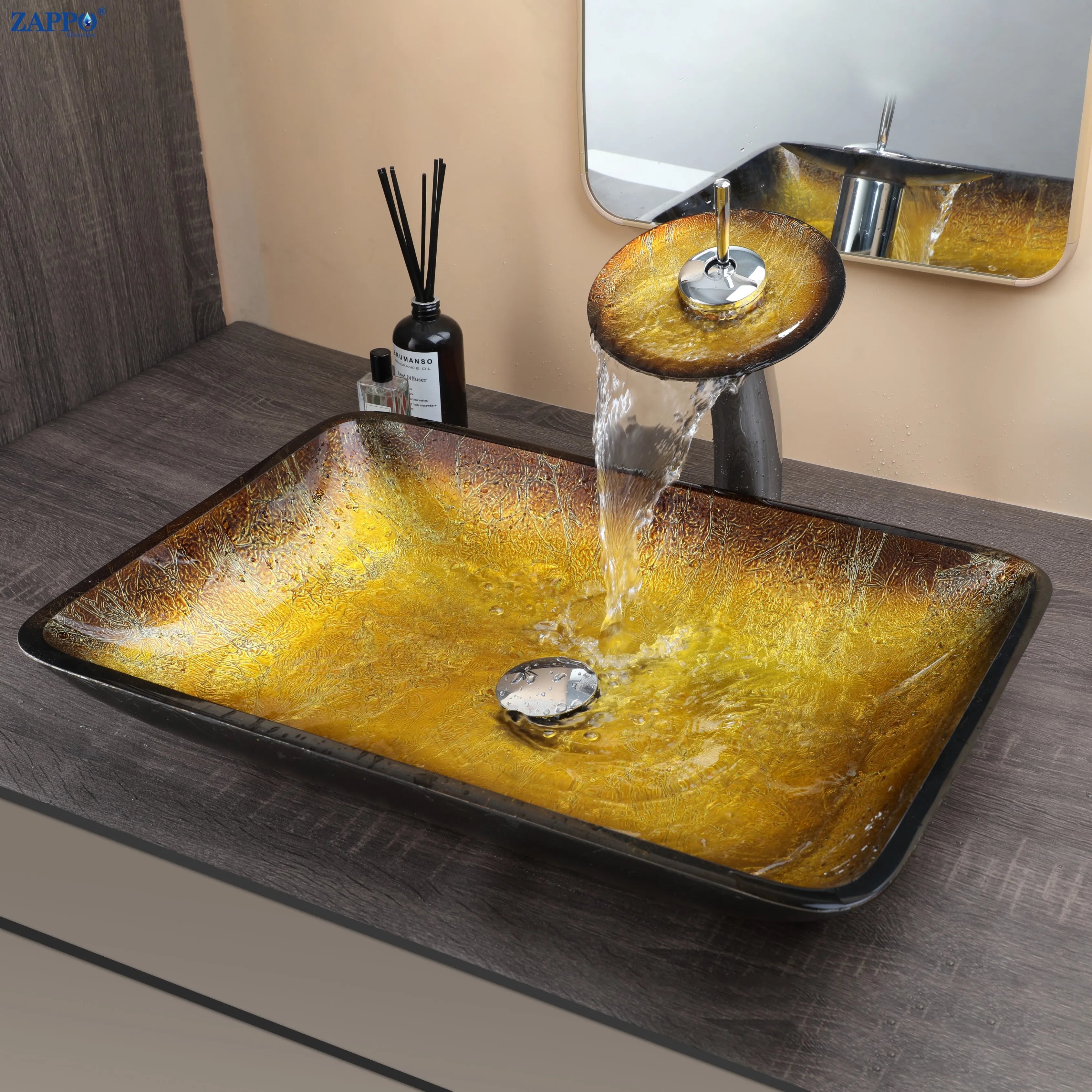 Big Countertop Tempered Glass Sink Faucet Set