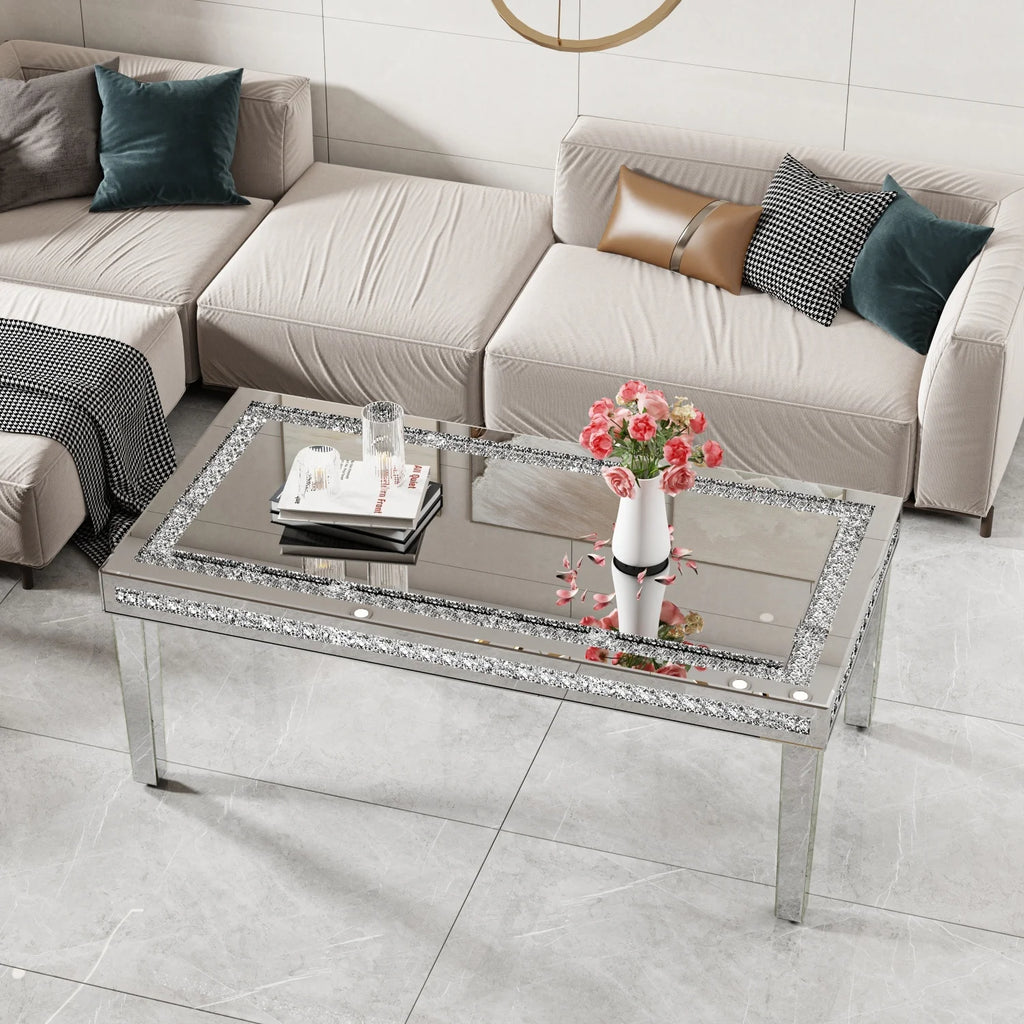 Rectangle Mirrored Coffee Table with Crystal Diamond Inlay