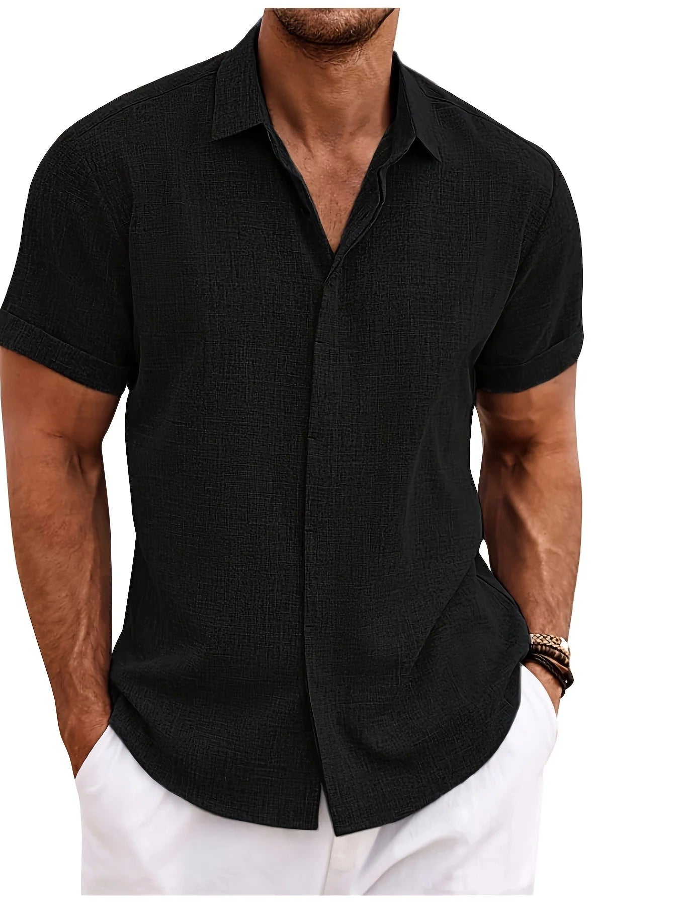 Men's Double Front Hemp Cardigan Lapel Short Sleeve Shirt – High Quality