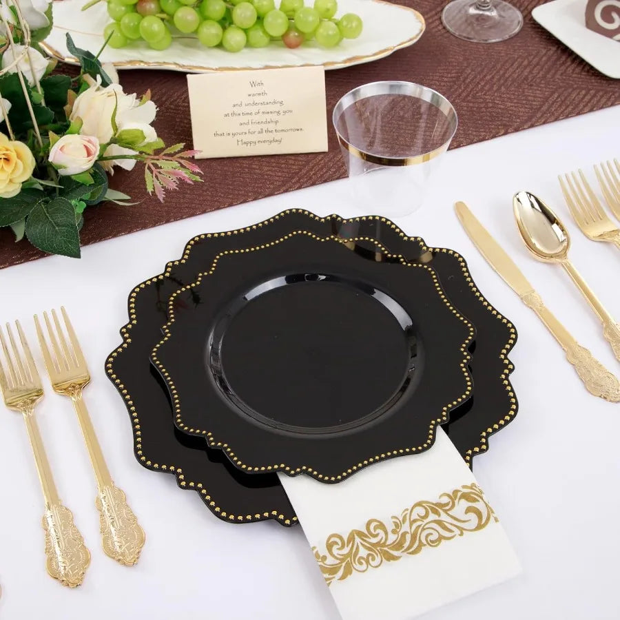 175-Piece Black Dinnerware Set with Disposable Silverware for 25 Guests
