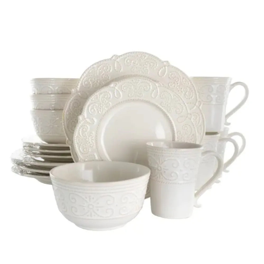 16-Piece Luna Embossed Scalloped White Stoneware Dinnerware Set (Service for 4)
