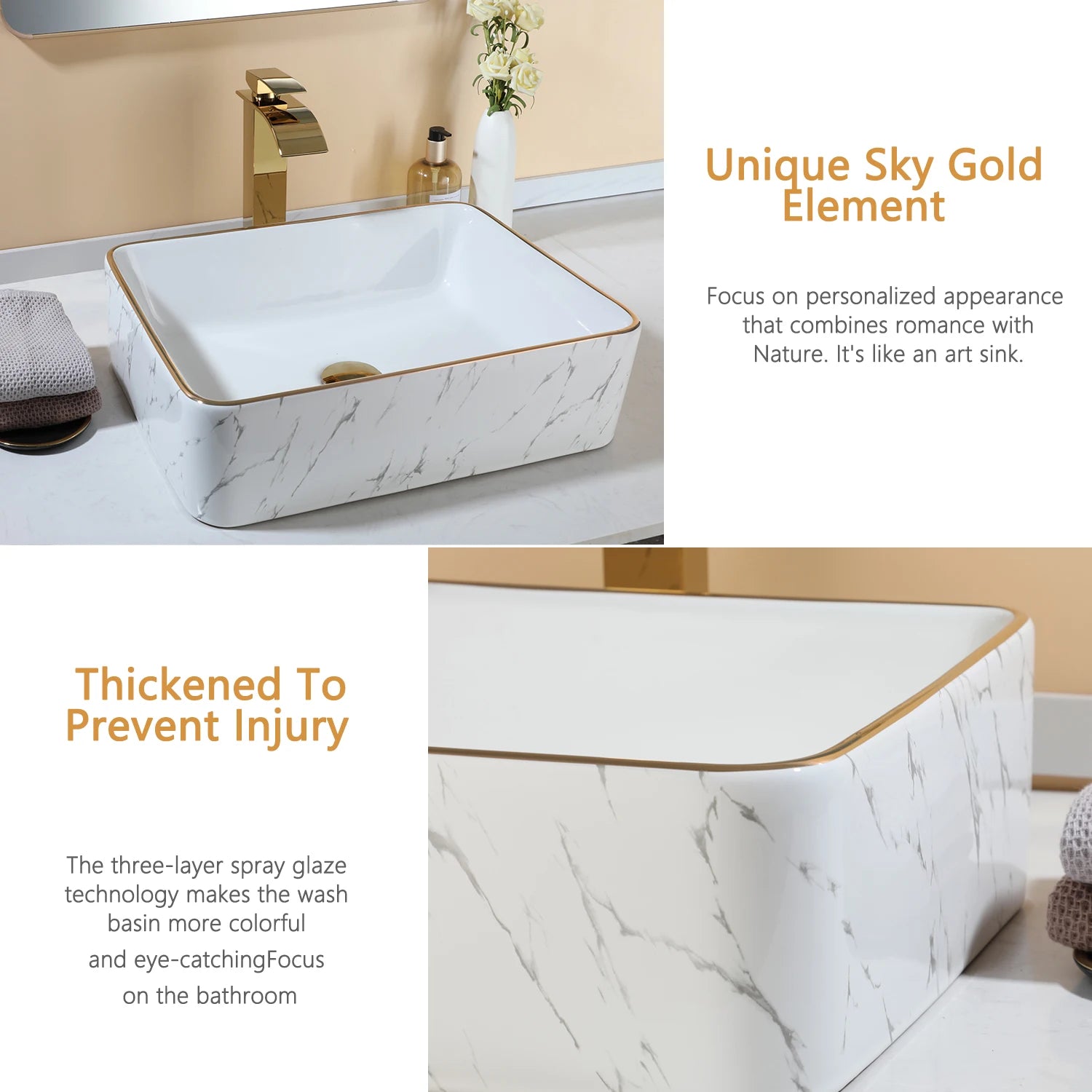 19" Gold Faucet Marbled Ceramic Countertop Sink