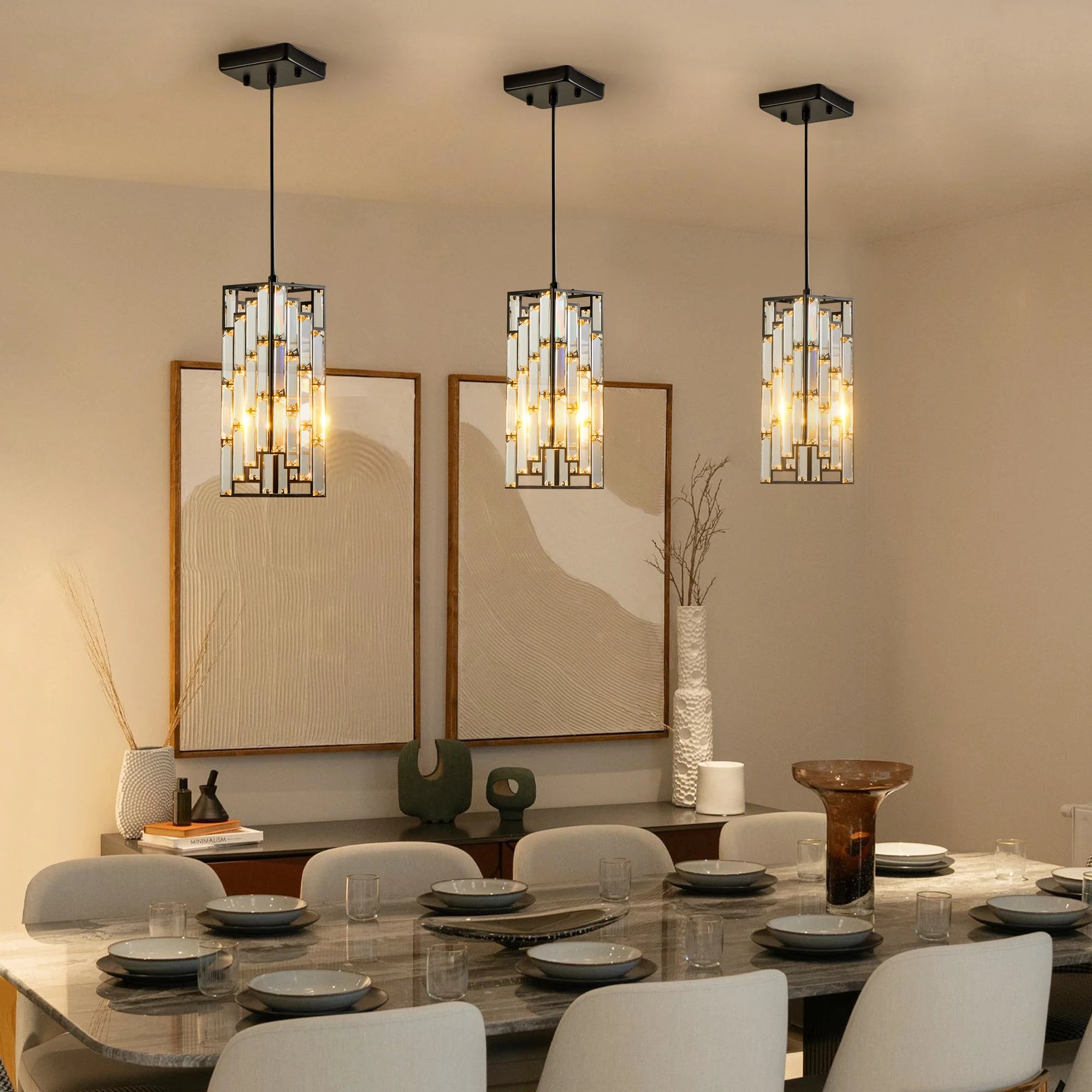 Luxury Hanging Crystal Pendant Light - 3 Pack, Adjustable, Black Finish